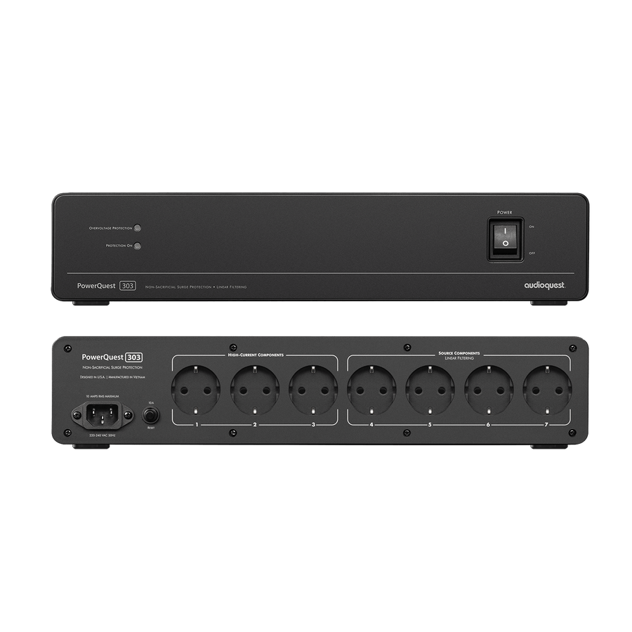 Филтър на захранването AudioQuest PowerQuest 303 AudioQuest PowerQuest 303 EU Schuko – фронтален изглед на мрежовия кондиционер с 7 изхода
