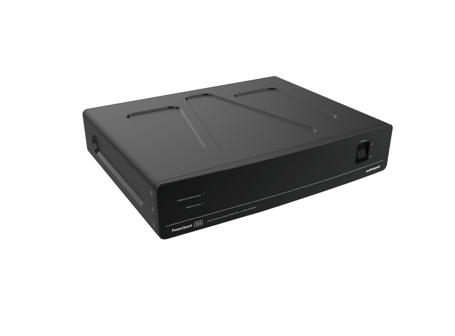 Филтър на захранването AudioQuest PowerQuest 303 AudioQuest PowerQuest 303 EU Schuko – фронтален изглед на мрежовия кондиционер с 7 изхода