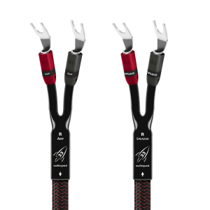 AudioQuest Rocket 33 speaker cable with black‑red braid, solid PSC/LGC conductors and Double Star‑Quad geometry, SureGrip connectors