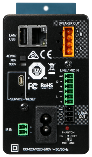 Bluesound Professional B170S 100V стрийминг усилвател Bluesound Professional B170S – задни връзки и интерфейси