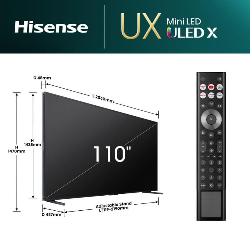 Телевизор Hisense 110UXNQ Hisense 110UXNQ 110-инчов Mini LED Smart TV с 4K Ultra HD резолюция и Dolby Atmos звук
