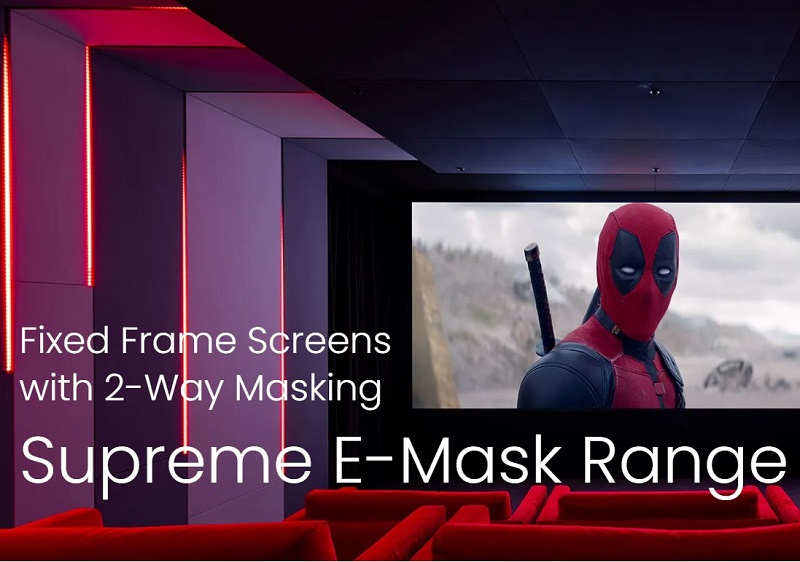 Екрани с фиксирана рамка и маски Screen Research Supreme E-Mask Screen Research Supreme E-Mask маскиращ екран, Supreme E‑Mask, Screen Research, ClearPix, домашно кино, акустично прозрачен, 2‑way masking, high‑end screen, fixed frame, premium projection