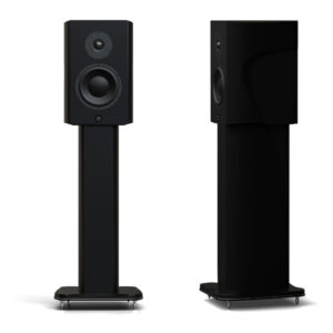 Morel AVYRA 622 – двулентова Hi-Fi bookshelf тонколона AudioArte Morel AVYRA 622 Black – черни Hi-Fi bookshelf тонколони със стойки, преден и страничен изглед.