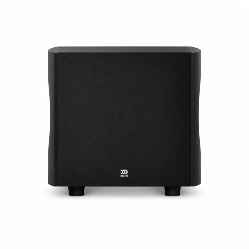 Morel AVYRA S801 – компактен активен субуфер AudioArte Morel AVYRA subwoofer in black finish - front view on white background