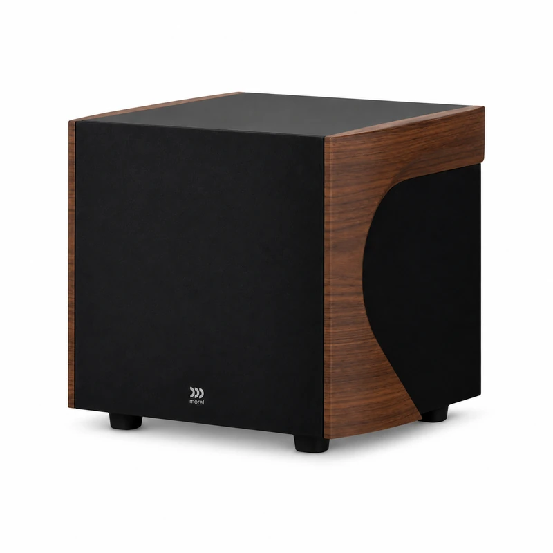 Morel AVYRA S801 – компактен активен субуфер AudioArte Morel AVYRA subwoofer in dark walnut finish - angled view on white background