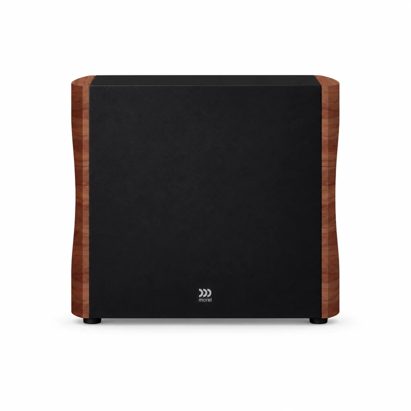 Morel AVYRA S801 – компактен активен субуфер AudioArte Morel AVYRA subwoofer in dark walnut finish - front view on white background
