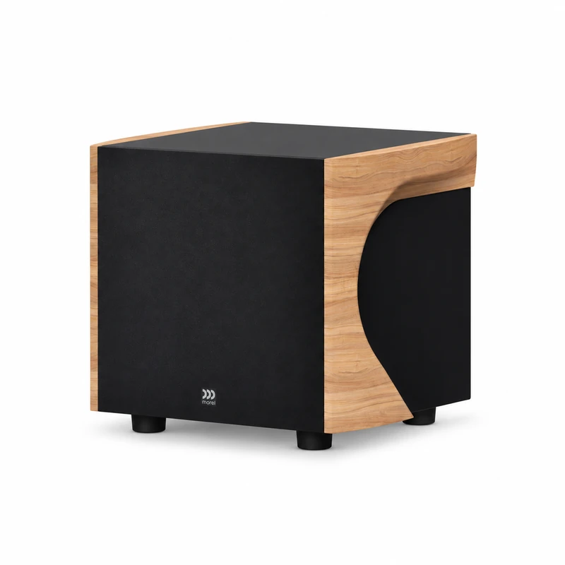 Morel AVYRA S801 – компактен активен субуфер AudioArte Morel AVYRA subwoofer in light oak finish - angled view on white background