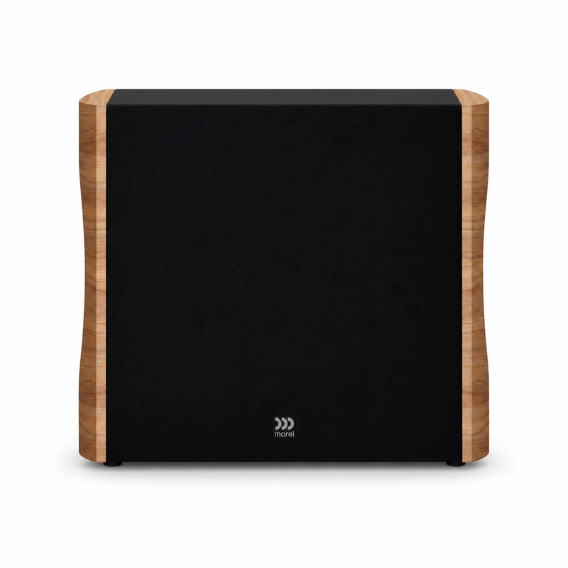 Morel AVYRA S801 – компактен активен субуфер AudioArte Morel AVYRA subwoofer in light oak finish - front view on white background