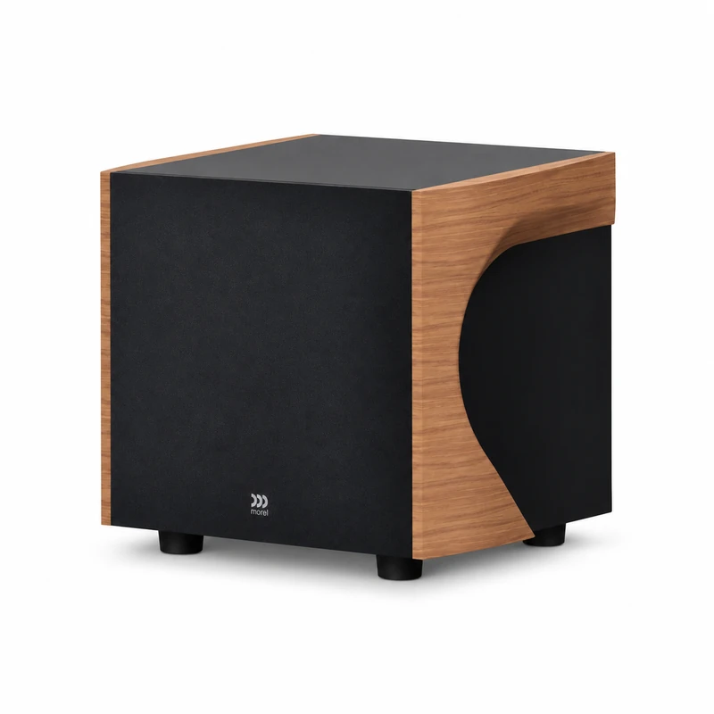 Morel AVYRA S801 – компактен активен субуфер AudioArte Morel AVYRA subwoofer in walnut finish - angled view on white background