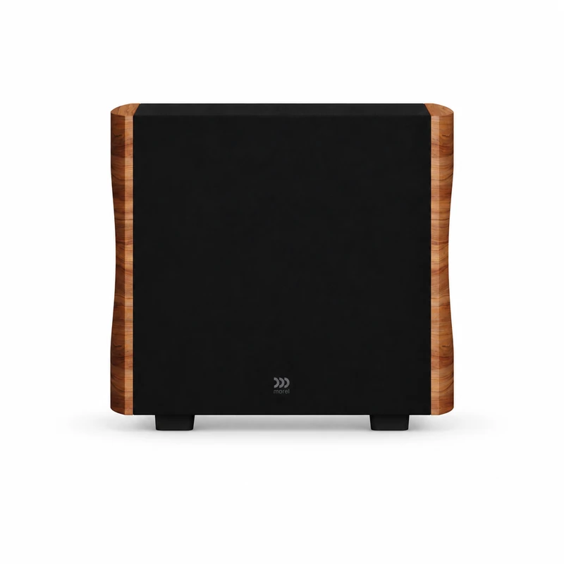 Morel AVYRA S801 – компактен активен субуфер AudioArte Morel AVYRA subwoofer in walnut finish - front view on white background