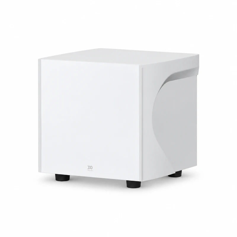 Morel AVYRA S801 – компактен активен субуфер AudioArte Morel AVYRA subwoofer in white finish - angled view on white background