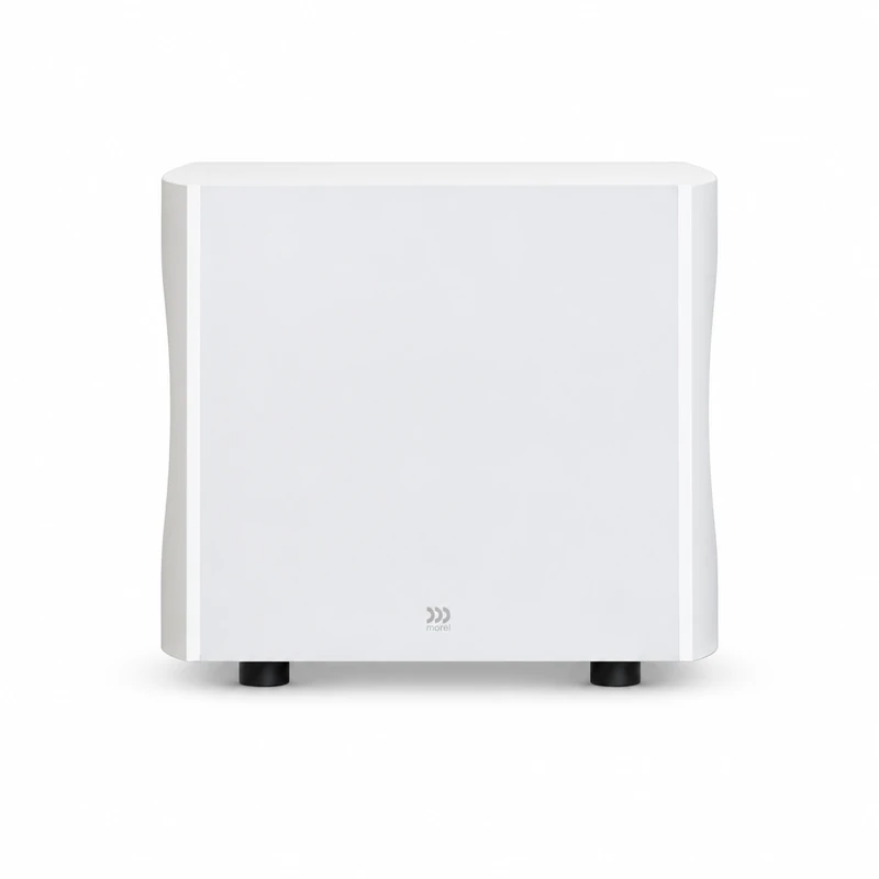 Morel AVYRA S801 – компактен активен субуфер AudioArte Morel AVYRA subwoofer in white finish - front view on white background